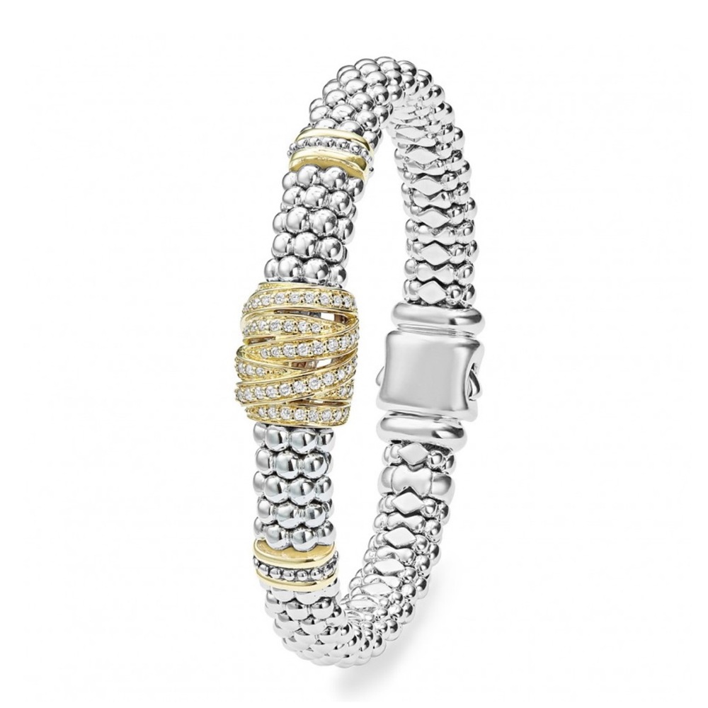 Lagos Sterling Silver & 18K Yellow Gold Diamond Wrap Station Caviar Bracelet